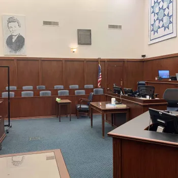 Chief Judge Barbara M.G. Lynn, of the Northern District of Texas, tries out her new face shield as she prepares for a June 1 jury trial in her courtroom.