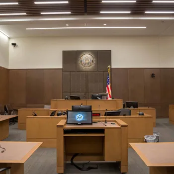 A new state-of-the-art courtroom in the new federal courthouse in San Antonio.